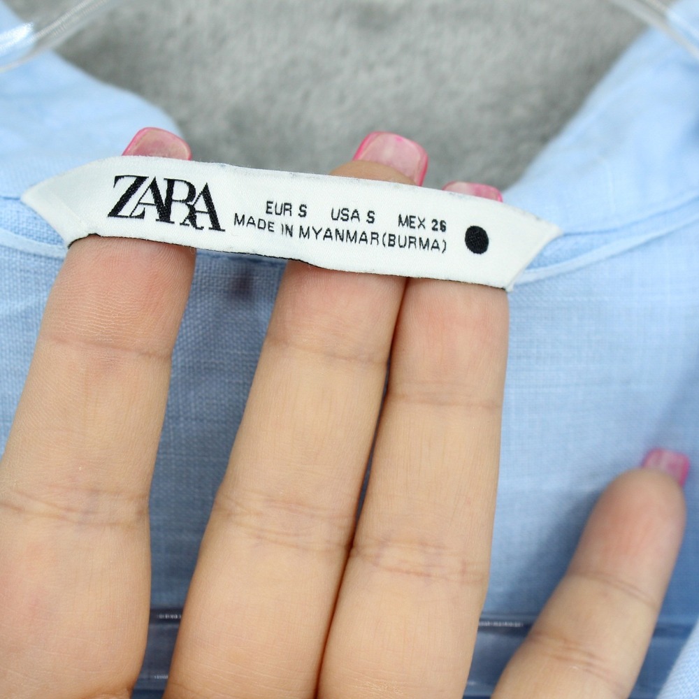 Zara Shirt Womens Small Linen Button Front Lightweight Costal Boxy Relaxed Blue - Picture 7 of 10
